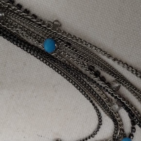 Multi layered silver chain necklace women's turquoise and clear stone beads - Picture 3 of 7